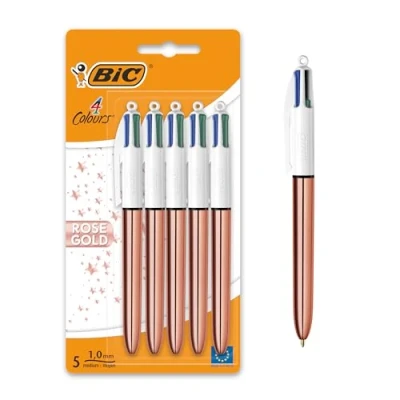 Imagen de BIC 4 Colores Rose Gold Bolígrafo Retráctil con Tinta Azul, Roja, Negra y Verde, Punta Media (1,0 mm) Pack de 5