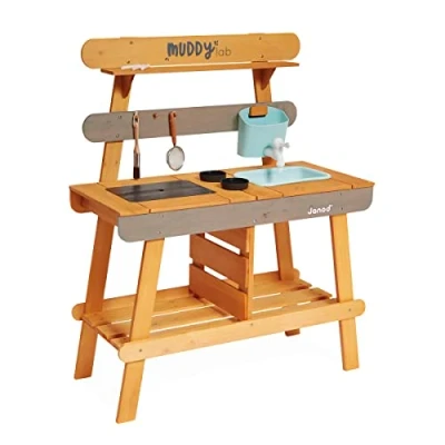 Imagen de JANOD Muddy Lab Cocina Infantil de Madera FSC 10 Accesorios Juego Imitación Exterior para Niños A Partir 3 Años, J06632, Color Azul Cielo/Gris, 77 x 35 95 (JURATOYS