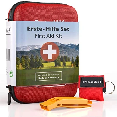 Imagen de GoLab Botiquín de primeros auxilios para exteriores Kit supervivencia. deportivo y viaje + silbato señalización Alemania según DIN 13167