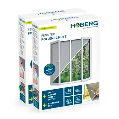 Imagen de Hoberg Protección antipolen para ventanas con innovadora Fijación magnética Mosquitera recortable individualmente hasta 150 x 130 cm, sin taladrar ni atornillar 16 imanes [2 Piezas]