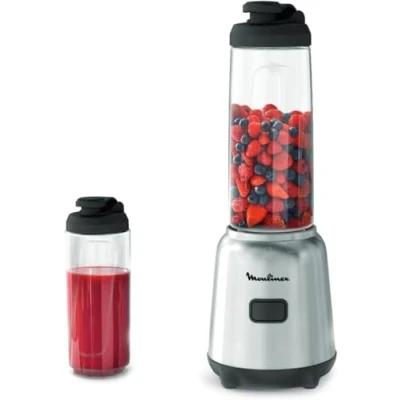 Imagen de Moulinex Mix &amp; Move LM15FD batidora individual, smoothie de 4 cuchillas con 2 recipientes portátiles 600 ml, 1 velocidad, para zumos y smoothies, acero inoxidable