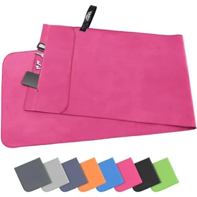Imagen de Pameil Toalla de Microfibra 120x50cm Deporte Ligera, Absorbente y Secado Rápido Gimnasio con Bolsillo Cremallera Deportiva Doble Cara Forro Polar