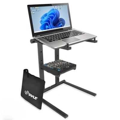 Imagen de Pyle Soporte Plegable Portátil para Laptop Mesa de Pie con Altura y Bandeja Secundaria Accesorios, iPad, Tableta, Mezclador DJ, Estación Trabajo, Juegos Uso en el Hogar, Bolsa