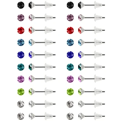 Imagen de Kurtzy 20 Pares Pendientes Mujer con Circonita Redonda 4 mm Pequeños 9 Colores Gemas Nacimiento Variadas, Acero Inoxidable y Chicas Cierre de Goma Suave Cajita