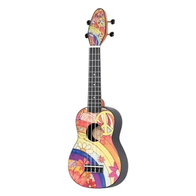 Imagen de Ortega Guitars Ukelele Soprano Zurdo Keiki K2 con diseño Hippie incluye afinador, 5 puas de grosor medio y funda estilo bolsa cuerdas logo madera Kauri, 68 L