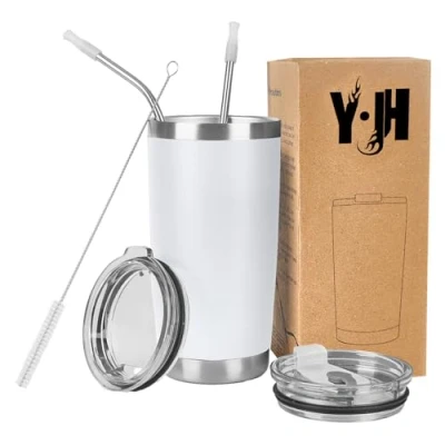 Imagen de Y·JH 20oz (550ml) Taza Termo Cafe Para Llevar Vaso Con Pajita Térmica de Acero Inoxidable Reusable 2 Tapas a Prueba Salpicaduras Pajitas Blanc