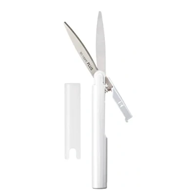 Imagen de tijeras de viaje con corte revestido, bolsillo antiadherentes, cierre seguridad tapa, forma bolígrafo, color blanco