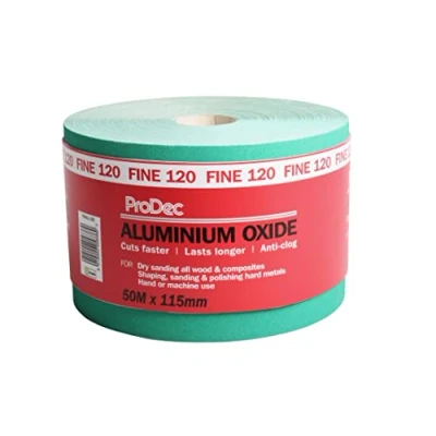 Imagen de ProDec Rollo de papel lija abrasivo óxido aluminio verde grado fino grano 120 para lijar madera, pintura, yeso, relleno, metal y más, 115 mm ancho, compatible con
