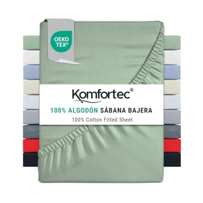 Imagen de Komfortec Sábana Bajera Ajustable (180 x 200 cm, 100% algodón), Color Verde