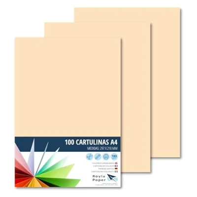 Imagen de Raylu Paper® Cartulinas A4 100 unidades de color crema, 180gr 210 x 297 mm, tacto suave, Ideal para encuadernación, trabajos oficina, dibujo, manualidades, Aptas uso escolar. (Crema)