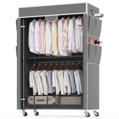 Imagen de Himimi Perchero de 3 Niveles con Cubierta Robusto Ruedas y Altura Ajustable, Barra Ropa Metal Estable 2 Barras para Colgar 4 Bolsillos Laterales, 90 * 45 205cm, Gris