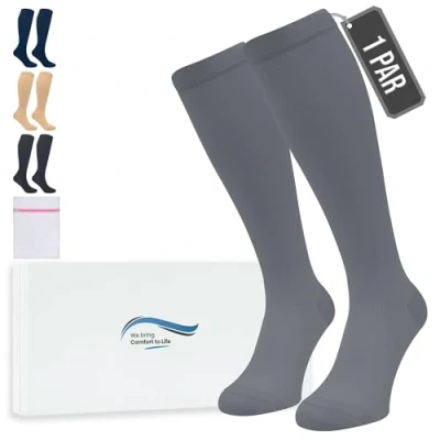 Imagen de 360 Relief Medias de Compresión para Mujeres y Hombres 1 Par Calcetine Deportes, Correr, Volar, Viaje, Trabajo, Footing S/M Gris con Bolsa Malla