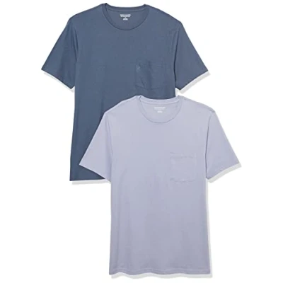 Imagen de Amazon Essentials Camiseta de manga corta con bolsillo, cuello redondo y corte ajustado Hombre, Pack 2, Azul Efecto Lavado/Lavanda, XS