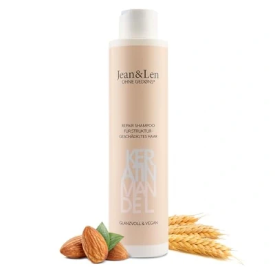 Imagen de Jean &amp; Len Champú reparador de queratina y almendra para cabello dañado rebelde, domina el encrespamiento, un más saludable, sin parabenos ni siliconas, vegano, 300 ml