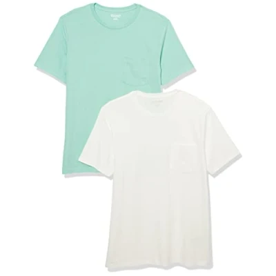 Imagen de Amazon Essentials Camiseta de manga corta con bolsillo, cuello redondo y corte ajustado Hombre, Pack 2, Blanco/Azul Agua, XS