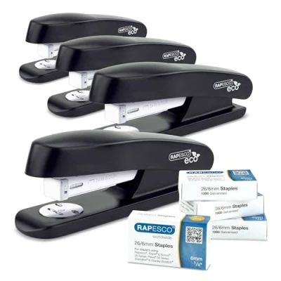 Imagen de Rapesco 1756 Confección Business: 4 Grapadoras de Media Tira ECO, Capacidad para 20 Hojas y Cajas 1000 Grapas 26/6 mm, Negro