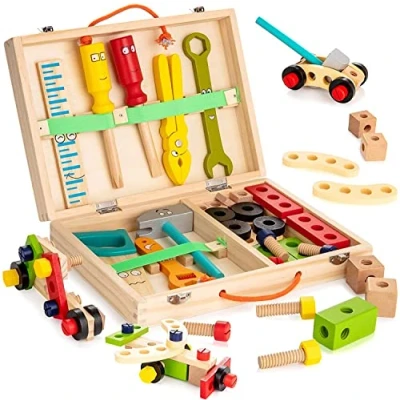 Imagen de NIWWIN Herramientas de Madera para niños, Caja Madera, ensamblaje Juguetes imitación educativos Juegos Rompecabezas construcción Niño niña niño, 3 4 5 6 12 años