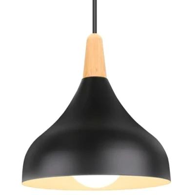 Imagen de iDEGU Lámpara de techo Retro LED Colgante moderna Estilo Gota E27 Iluminación Vintage en Madera Metal para Dormitorio Comedor Cocina, 20cm (Negro, 1 Pieza)