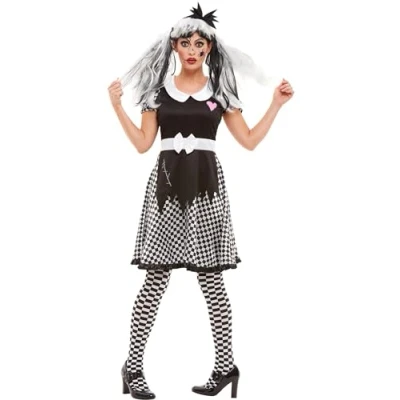 Imagen de Smiffys Disfraz de muñeca rota, Negro y blanco, con vestido diadema