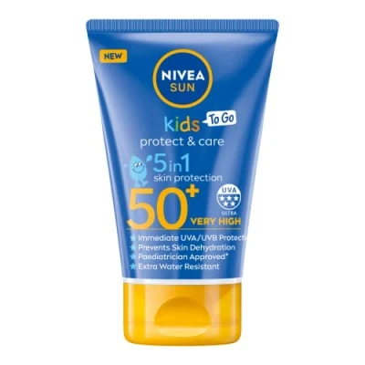 Imagen de NIVEA SUN Kids Protect and Care SPF 50+ To Go Lotion (50 ml), protector solar resistente al agua, crema para niños que proporciona protección UVB y UVA de 5 estrellas altamente eficaz