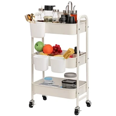 Imagen de DOEWORKS Carrito de Almacenamiento Metálicos Cocina con 3 Tazas, Carro Servicios Niveles Rodante Ruedas para Baño Dormitorio Oficina, Blanco