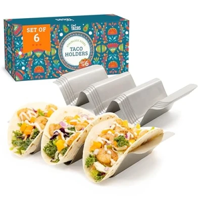 Imagen de Chef Tacos Soporte para Mexicanos Set de 6 Soportes Acero Inoxidable con Asas Incorporadas Apto Lavavajillas y Parrilla Plato sin BPA