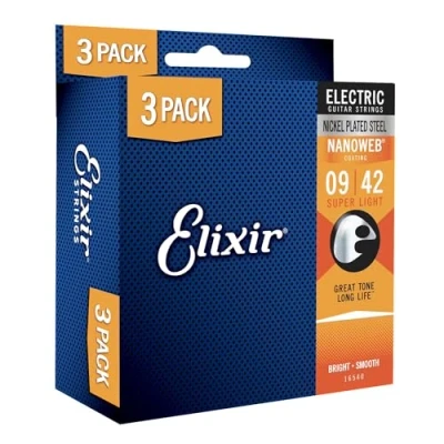 Imagen de Elixir Cuerdas para guitarra eléctrica de acero chapado en níquel con revestimiento nanoweb, referencia 16540, kit 3 piezas, Elixir, Pack, Super Light (9 42)