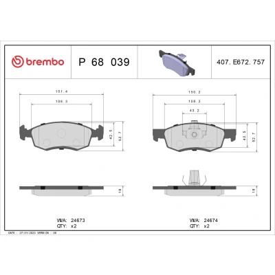 Imagen de BREMBO P 68 039 Juego de pastillas freno excl. contacto avisador desgaste sin accesorios DACIA: Logan I MCV, Express, Pick up