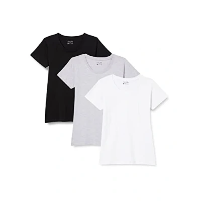 Imagen de berydale Bd157, Camiseta con cuello redondo para Mujer, Negro, Gris Claro Mezcla Y Blanco (Paquete de 3), XS