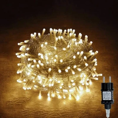 Imagen de Cadena de luces 100/200/300 ledes Gresonic, funcionan con corriente enchufe interior y exterior para jardín boda fiestas Navidad, blanco cálido