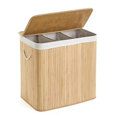Imagen de Mondeer cesta de bambú plegable con 3 secciones, almacenamiento forro extraíble lavable, 150 L, 40 x 61,5 60 cm, color natural
