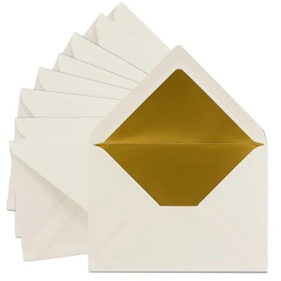 Imagen de FarbenFroh by Gustav Neuser 50 sobres DIN C5 de 15,7 x 22,5 cm en color blanco natural con forro seda dorado, pegado húmedo, blanco, postales sin ventana formato