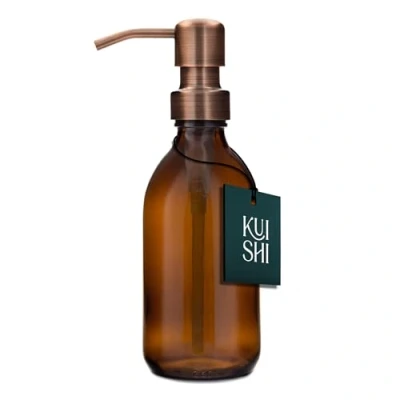 Imagen de Kuishi Botella de Vidrio ámbar con Bomba Acero Inoxidable [250ml, Bronce], Botellas marrón Recargables Ideal para Lavado a Mano, champú, acondicionador (sin BPA)