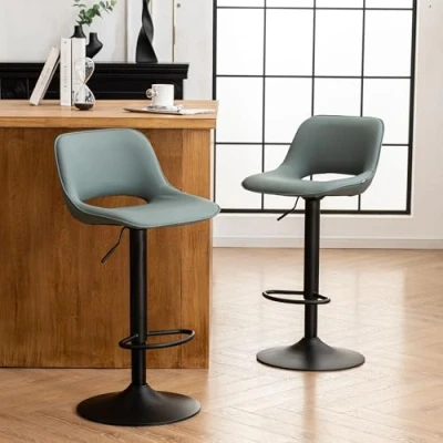 Imagen de YOUNIKE Taburetes de Bar Juego 2 Giratorios con Altura Ajustable, Cocina Acolchado Suave, Mostrador Respaldo Hueco, Taburete Alta Bar, Verde Grisáceo