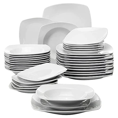 Imagen de MALACASA, Serie JULIA, Juego de Vajilla Completa 36 Piezas Porcelana para 12 Personas, Platos Hondos, Postre, Llanos, Blanco