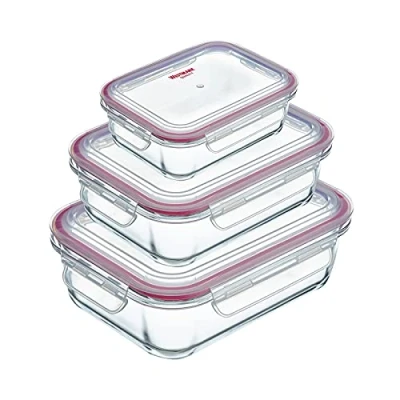 Imagen de Westmark Set de recipientes vidrio para alimentos frescos, 3 piezas, cuadrado, volumen llenado: 1x 370 ml, 1040 ml y 1520 cada uno, vidrio/silicona/plástico, transparente/rojo, 234422E6