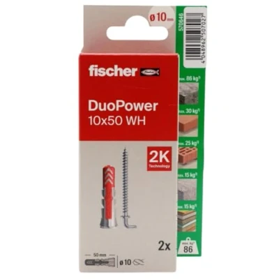 Imagen de fischer Duopower 10x50 Con Alcayata 2U, Tacos para pared multimaterial, sirven Colgar Bicicletas, Cuadros, Armarios, Soportes de Televisión, Estanterías, Muebles.