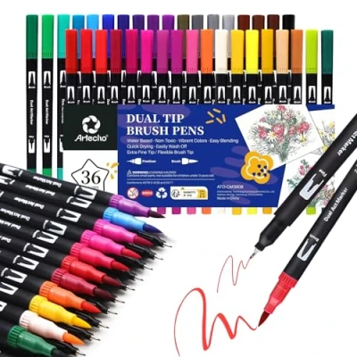 Imagen de Artecho Rotuladores Lettering 36 Colores, Doble Punta, Kit para Dibujo, Caligrafía, Cómics y Graffiti