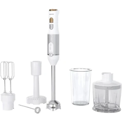 Imagen de Sencor Batidora de Mano Multifunción Ultra Potente 6 en 1, 1200W, con Batidor Doble, Picadora y Espumador, Prensapurés, Cuchillas QuadBlade Titanio, Control Velocidad Continuo, Elegante Blanco