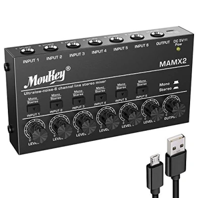 Imagen de Mezclador estéreo de audio estudio Moukey, 6 canales para discotecas, bares, escenarios, mesas mezclas, guitarras, bajos y teclados, MAMX2