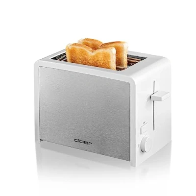 Imagen de Cloer 3211 Tostadora para 2 tostadas, 825 vatios, calentador de panecillos incluido, dispositivo post elevado, bandeja las migas, aislada térmicamente, acero inoxidable esmerilado y blanco