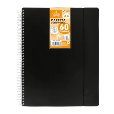 Imagen de Quijote Paper World Carpeta Espiral Flexible Organizadores, con 60 fundas, transparentes lisas, A4, tapa de plástico resistente. Uso oficina, escolar, personal Color NEGRO.