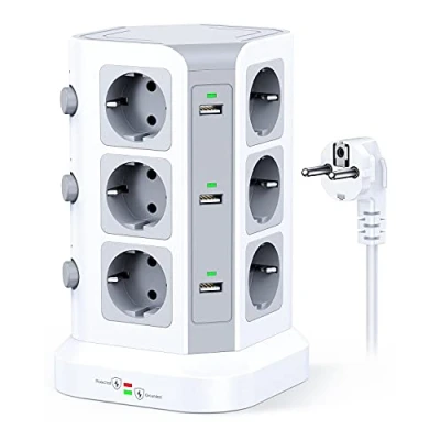 Imagen de KOOSLA regleta para sobretensiones y (4000 W/16 A), eléctrica con 6 Puertos USB 12 enchufes, 3 interruptores, 2 m, Cable, Color Blanco