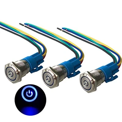 Imagen de QitinDasen 3Pcs Premium 12V / 24V 5A Interruptor de Botón Autoblocante, 16mm Metálico, LED Azul Pulsador Impermeable IP67 con Enchufe Cable