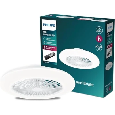 Imagen de Philips Ventilador de Techo Amigo, compacto, motor DC, con Luz led integrada 20W (4400 lúmens), Blanca regulable (3 temperaturas color), control remoto, Blanco