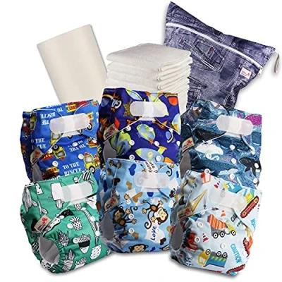 Imagen de Littles &amp; Bloomz Pañal reutilizable para bebé, con velcro estándar, 6 pañales + entredós, 1 forro de bambú desechable, bolsa húmedos, 605VM6