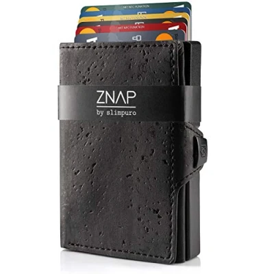 Imagen de ZNAP Tarjetero Hombre RFID Metálico con Compartimento para Monedas Cartera de Aluminio 12 Tarjetas Billetera pequeña Corcho Monedero Minimalista