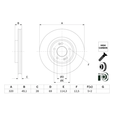 Imagen de BOSCH 0 986 479 F35 Disco de freno 320 28 5 114,3 ventilado revestido altamente carbonizado con tornillos KIA: SORENTO 3, HYUNDAI: SANTA FE 3