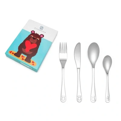Imagen de Zilverstad Cubertería infantil 4 piezas Oso con Corazón, Acero inoxidable, Plata, 15,5 x 21,5 2,5 cm