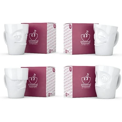 Imagen de Fiftyeight Juego de 4 tazas con asa, texto en alemán &quot;Grummelig vermitzt vermugt verutzt taza color blanco, aprox. 350 ml